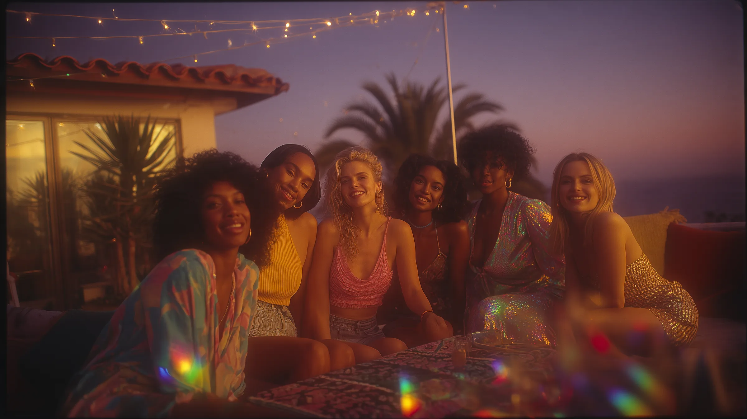 des femmes réunies sur une terrasse au crépuscule, la ville et la mer derrière elles