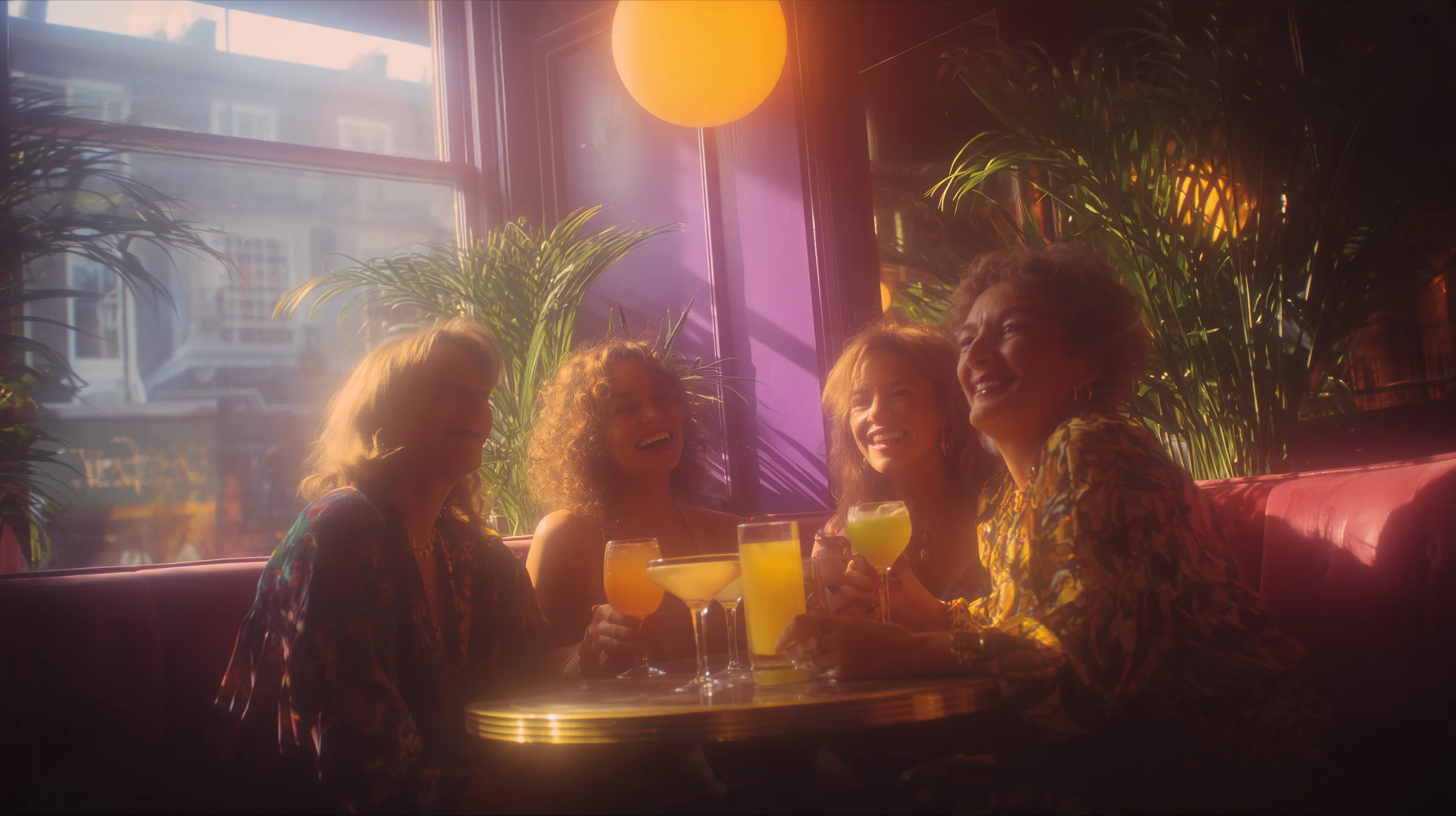 quatre femmes rient autour d'une table de bistrot
